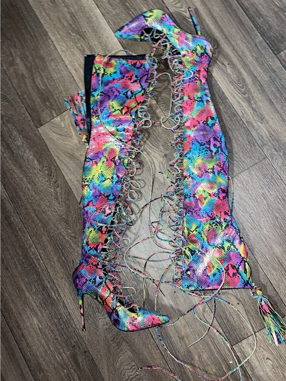Colorful Multicolor Lace-Up Thigh High Stiletto Boots Nelly Bernal